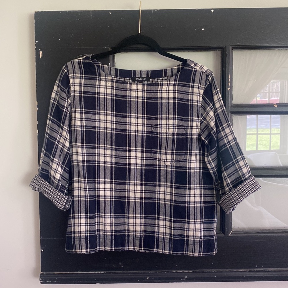 Madewell Curtis Plaid Flannel Top in Blue Herald Tee 100% Cotton 3/4 Sleeve Soft